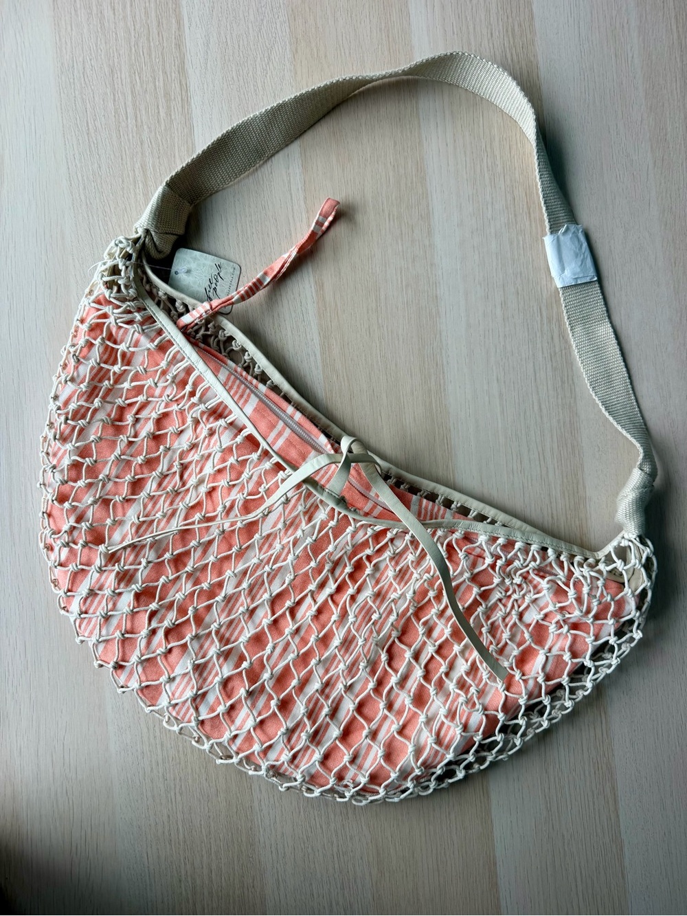 Free People NWT Macrame Net Crossbody Bag Woven Crochet Cotton Coral Stripe Boho